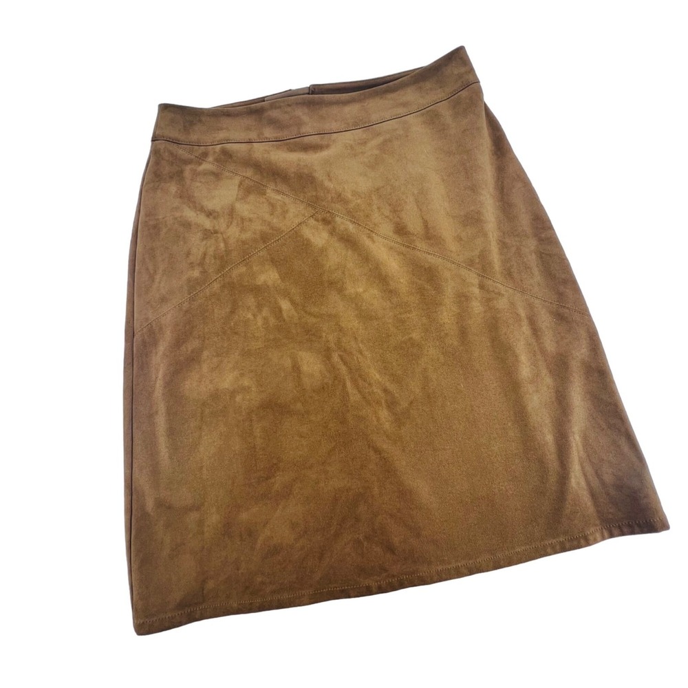 Chicos Faux Suede A-Line Skirt Brown Tan Size 1P Petite 8P Lined Zipper Back